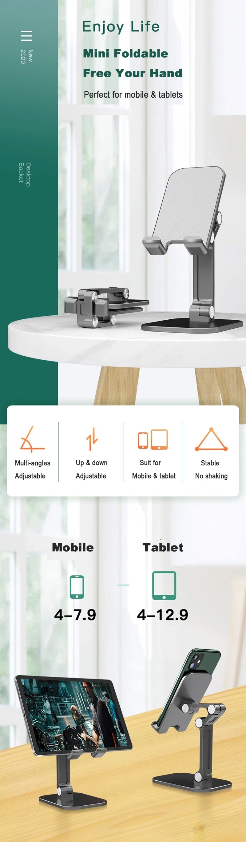 Soporte plegable de escritorio para celular y tablet (3 secciones)